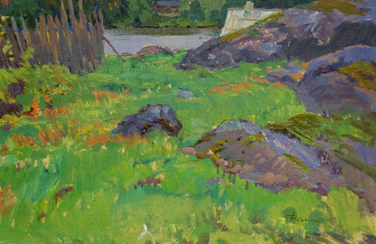 Impressionistic oil painting by Fomin Anatoly Nikiforovich of vibrant green field with rocks and wildflowers