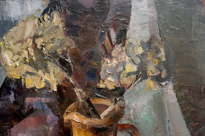 Textured impasto oil painting of vase with yellow flowers, fruits on towel