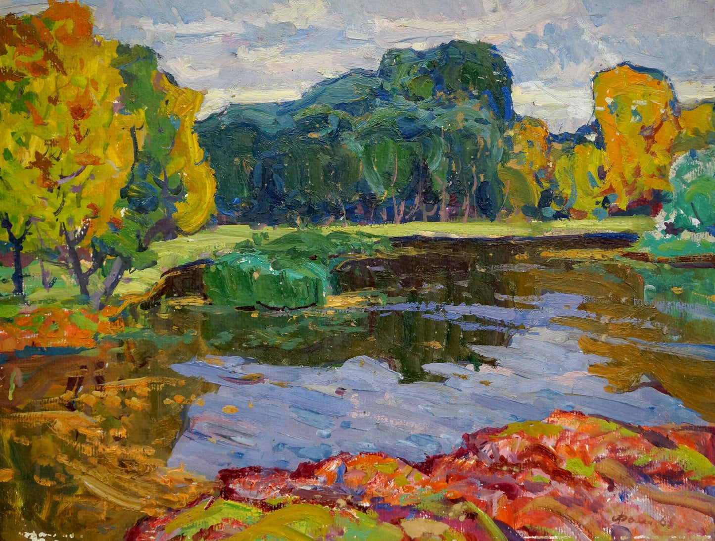 Oil painting Quiet Lake by Fomin Anatoly Nikiforovich, vibrant autumn trees in pond