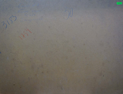 Back of Oil painting Quiet lake by Fomin Anatoly Nikiforovich on beige textured wall with faint handwritten blue and red numbers