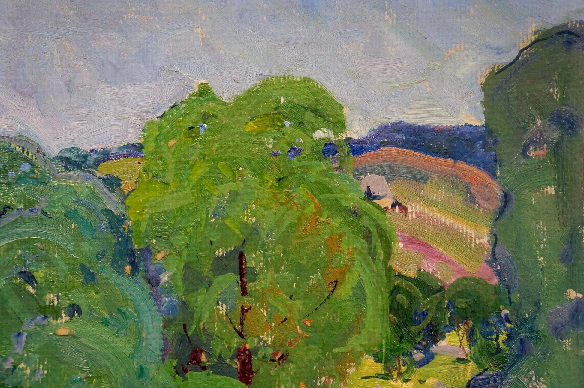 Oil painting Summer by Fomin Anatoly Nikiforovich: vibrant green tree in impressionistic landscape
