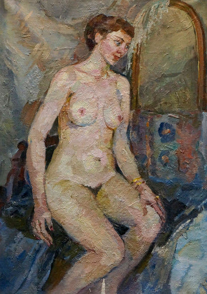 Oil painting of female figure in thought by Maria Titarenko, warm-toned seated woman