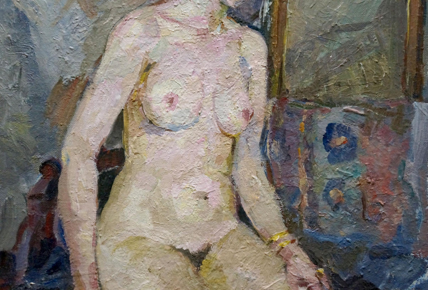 Oil painting of female figure in thought by Maria Titarenko, textured pinks