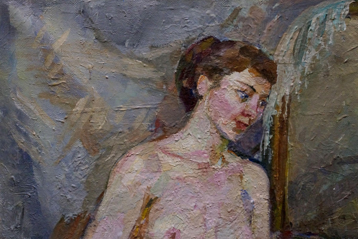 Oil painting of female figure in thought by Maria Titarenko, pink beige tones