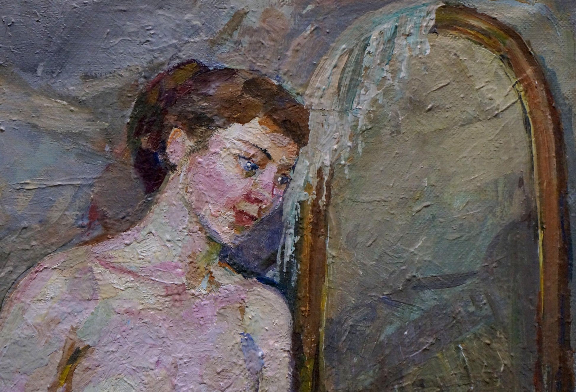 Oil painting of female figure in thought by Maria Titarenko with mirror
