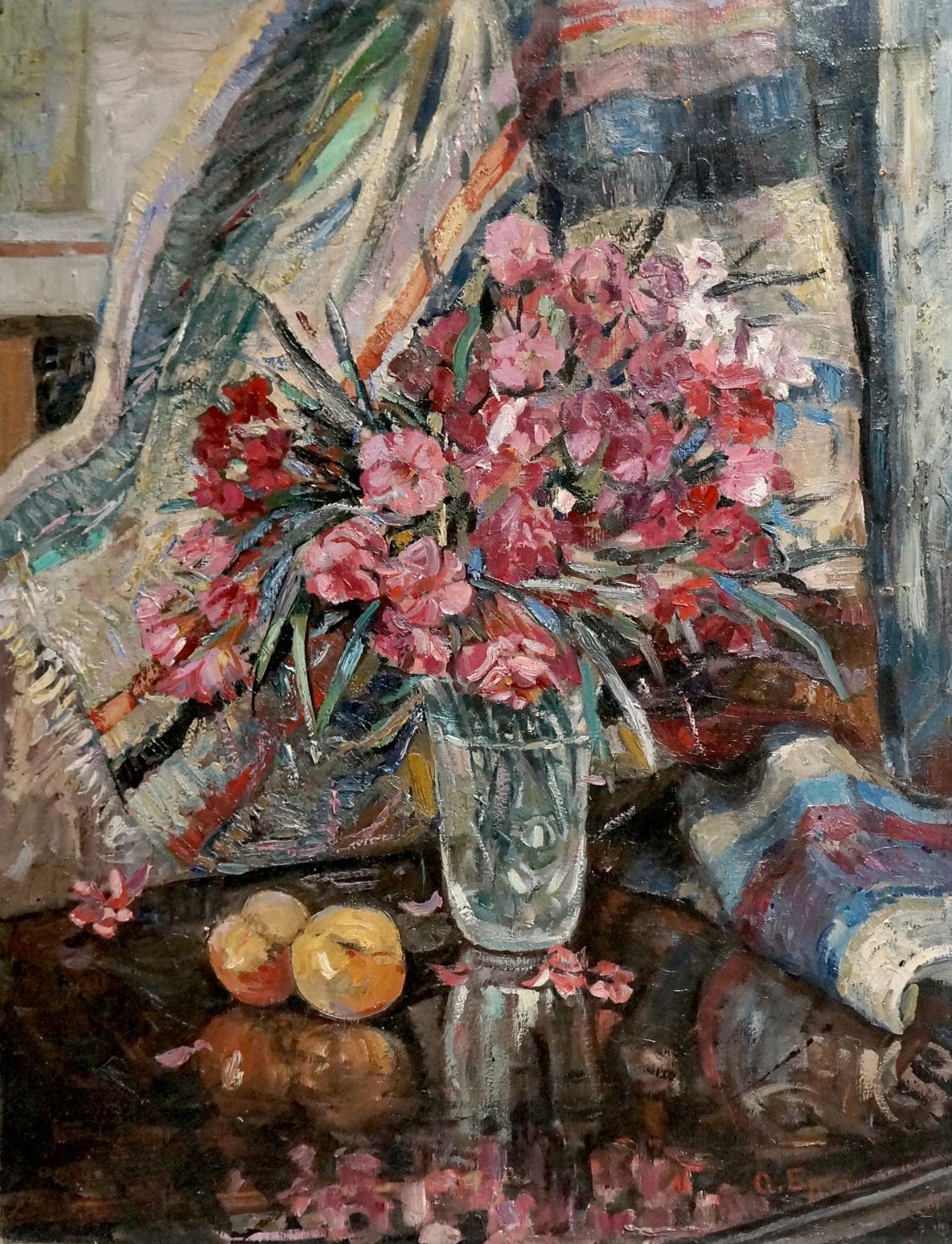 Oil painting Flowers O. Bran: vibrant pink red bouquet in patterned glass vase