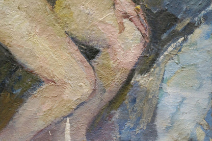 Oil painting of female figure in thought by Maria Titarenko, beige pink tones