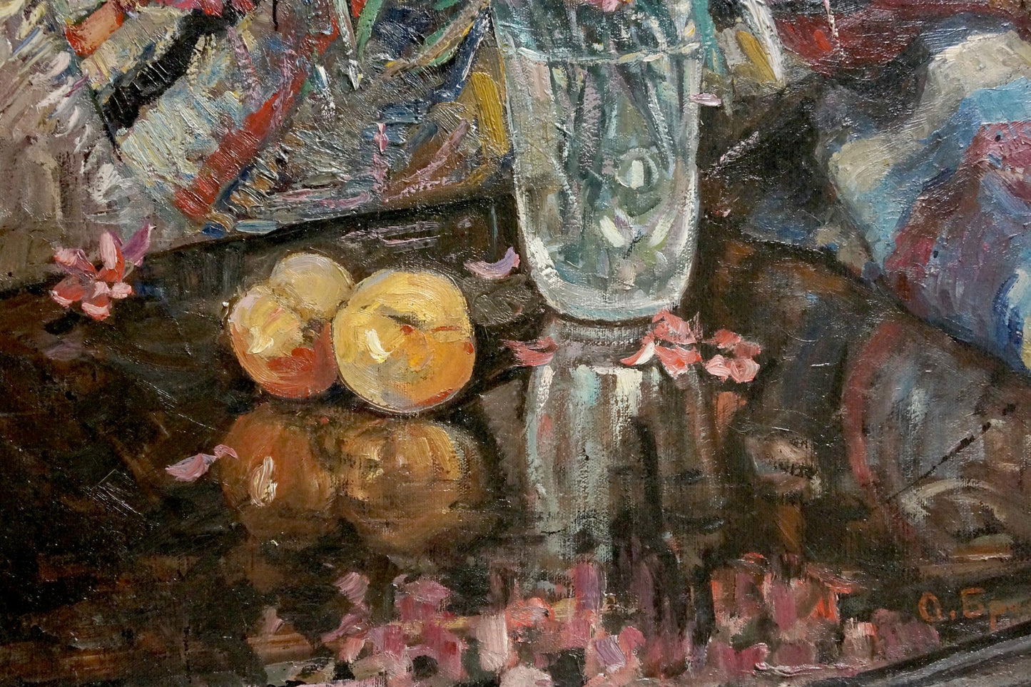 Oil painting Flowers O. Bran: clear textured glass vase with submerged flowers