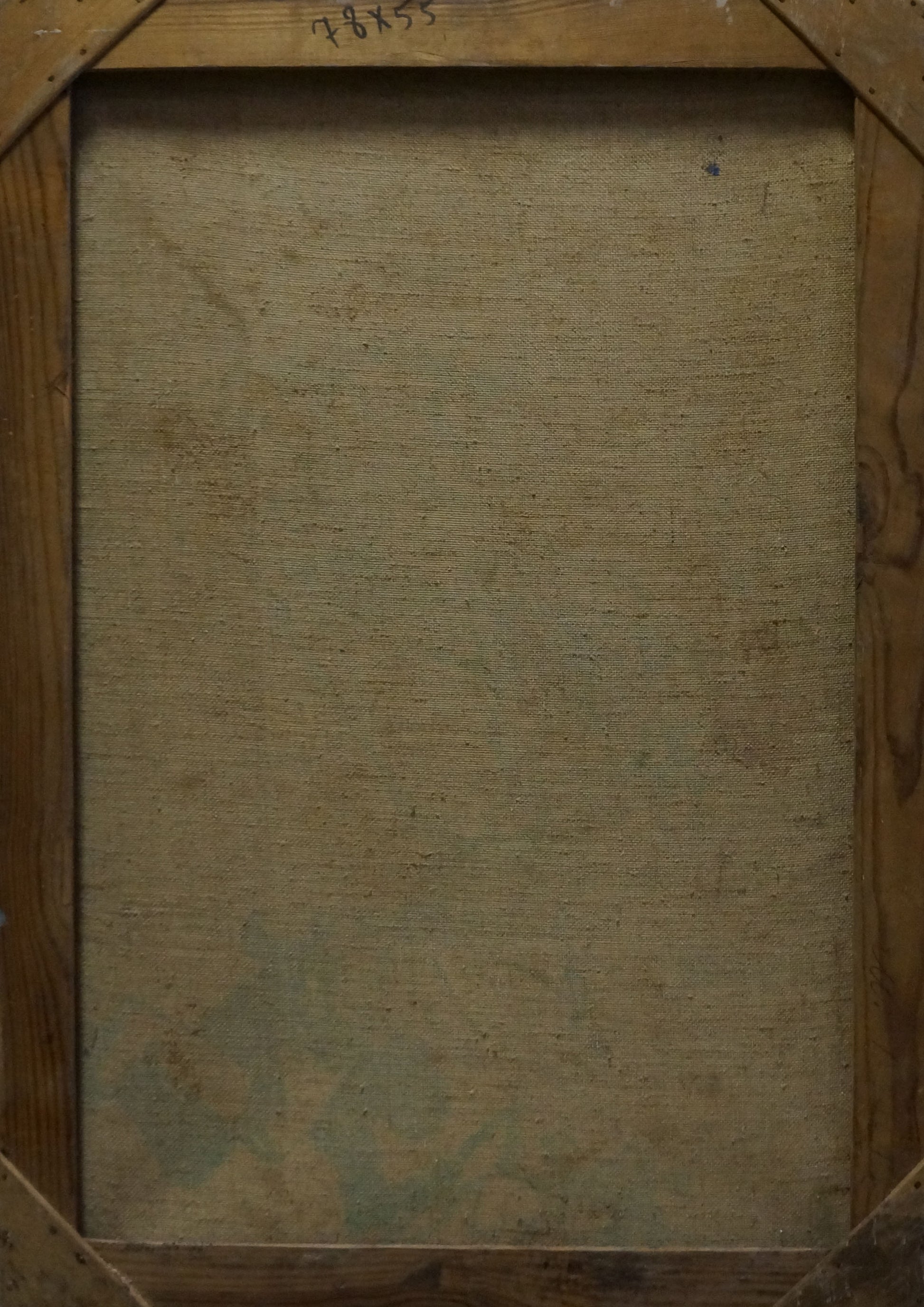 Back of Maria Titarenko Oil painting Undraped girl in thought, beige linen and wood frame