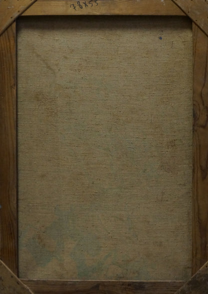 Back of Maria Titarenko Oil painting Undraped girl in thought, beige linen and wood frame