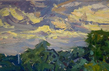 Oil painting At a lake by Fomin Anatoly Nikiforovich with dynamic sky