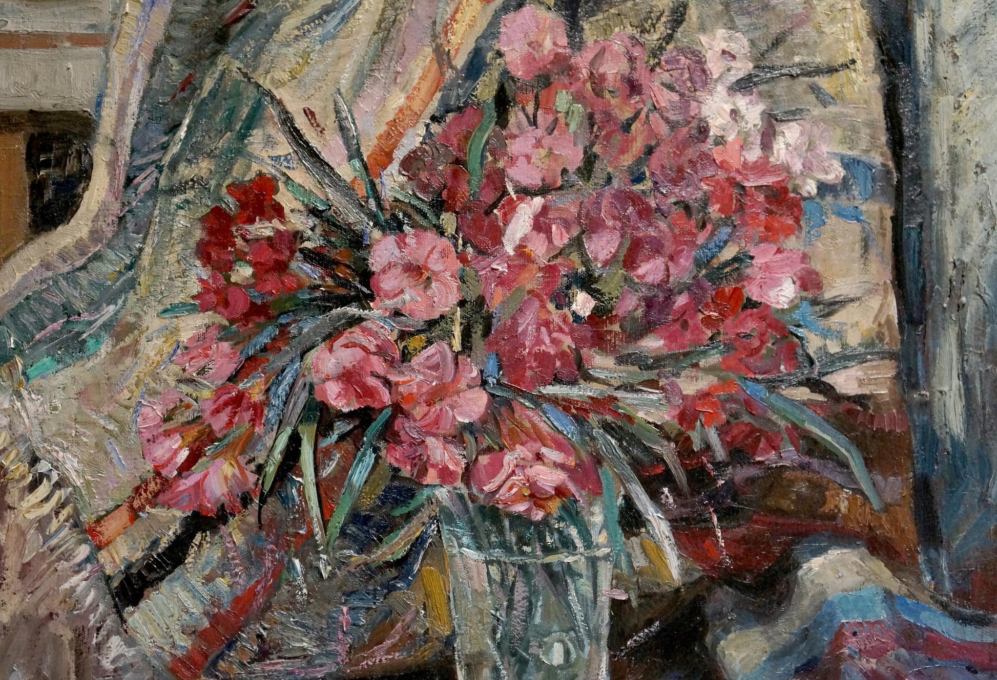 Oil painting of vibrant pink red carnations by O. Bran in glass vase
