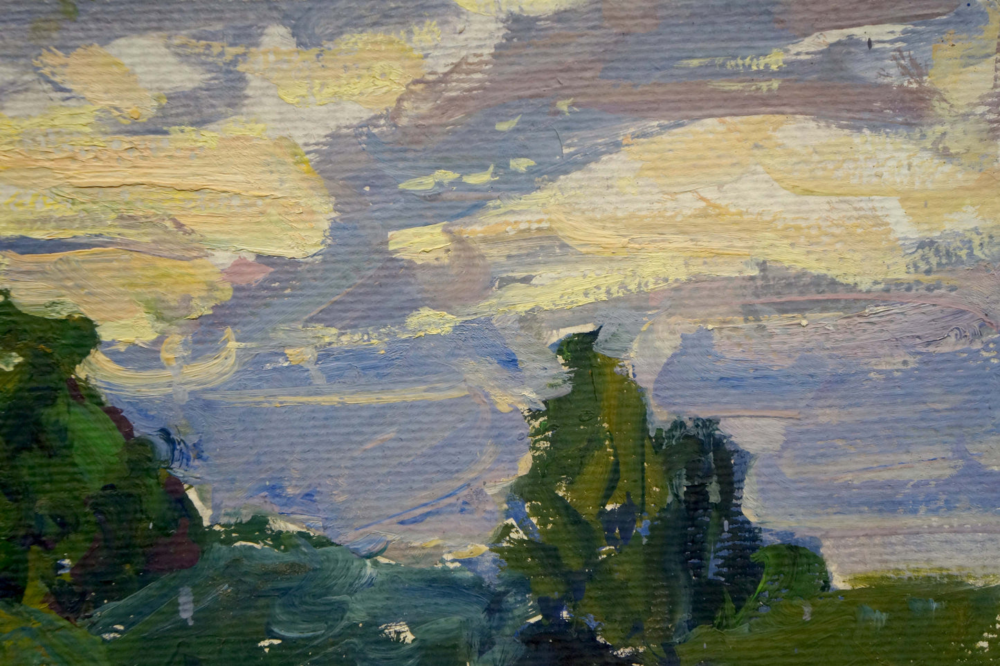 Oil painting At a lake by Fomin Anatoly Nikiforovich with yellow blue clouds and green trees
