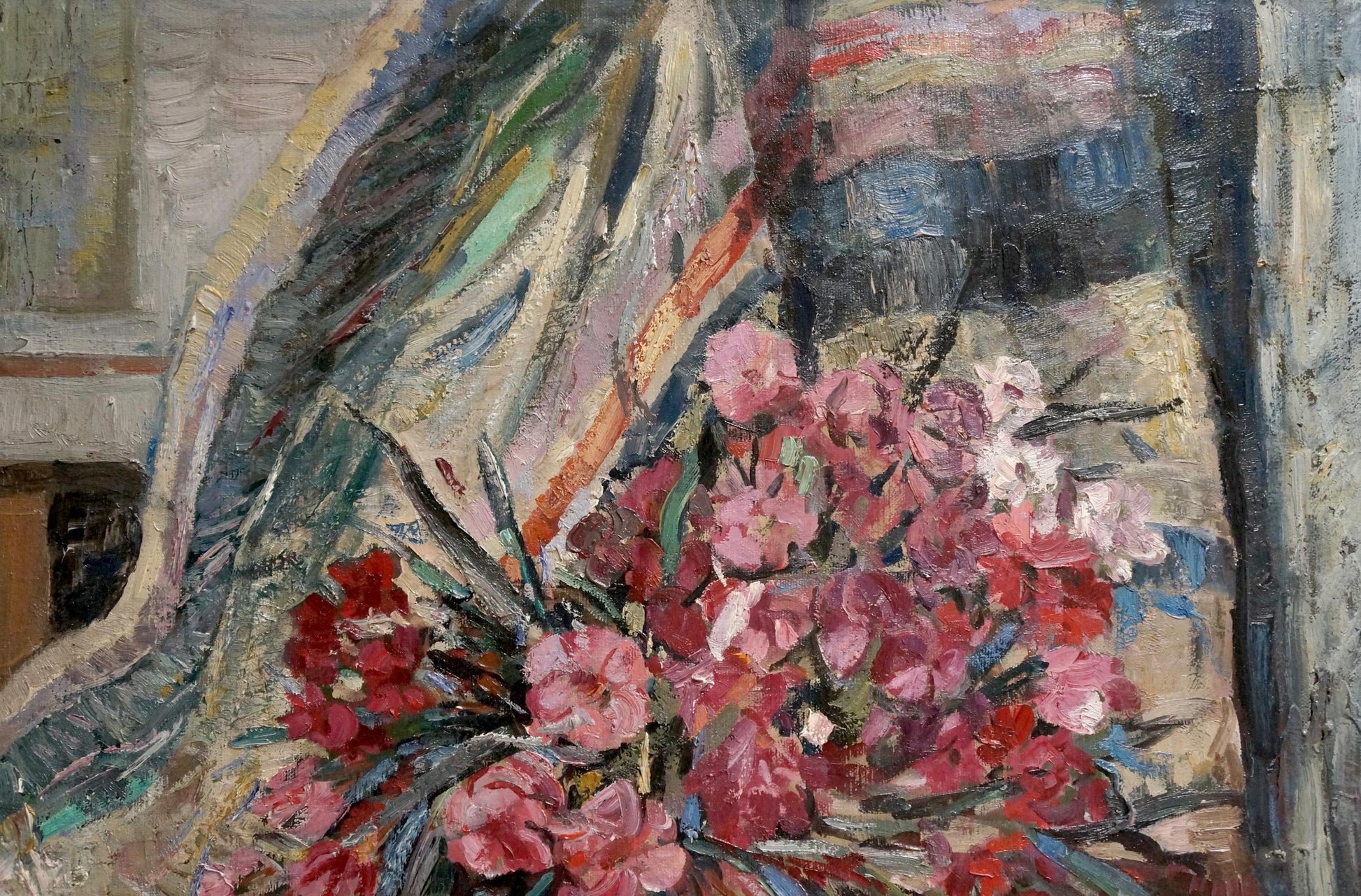 Impressionistic oil painting Flowers O. Bran: vibrant pink and red bouquet