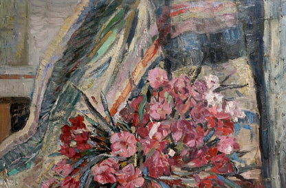 Impressionistic oil painting Flowers O. Bran: vibrant pink and red bouquet