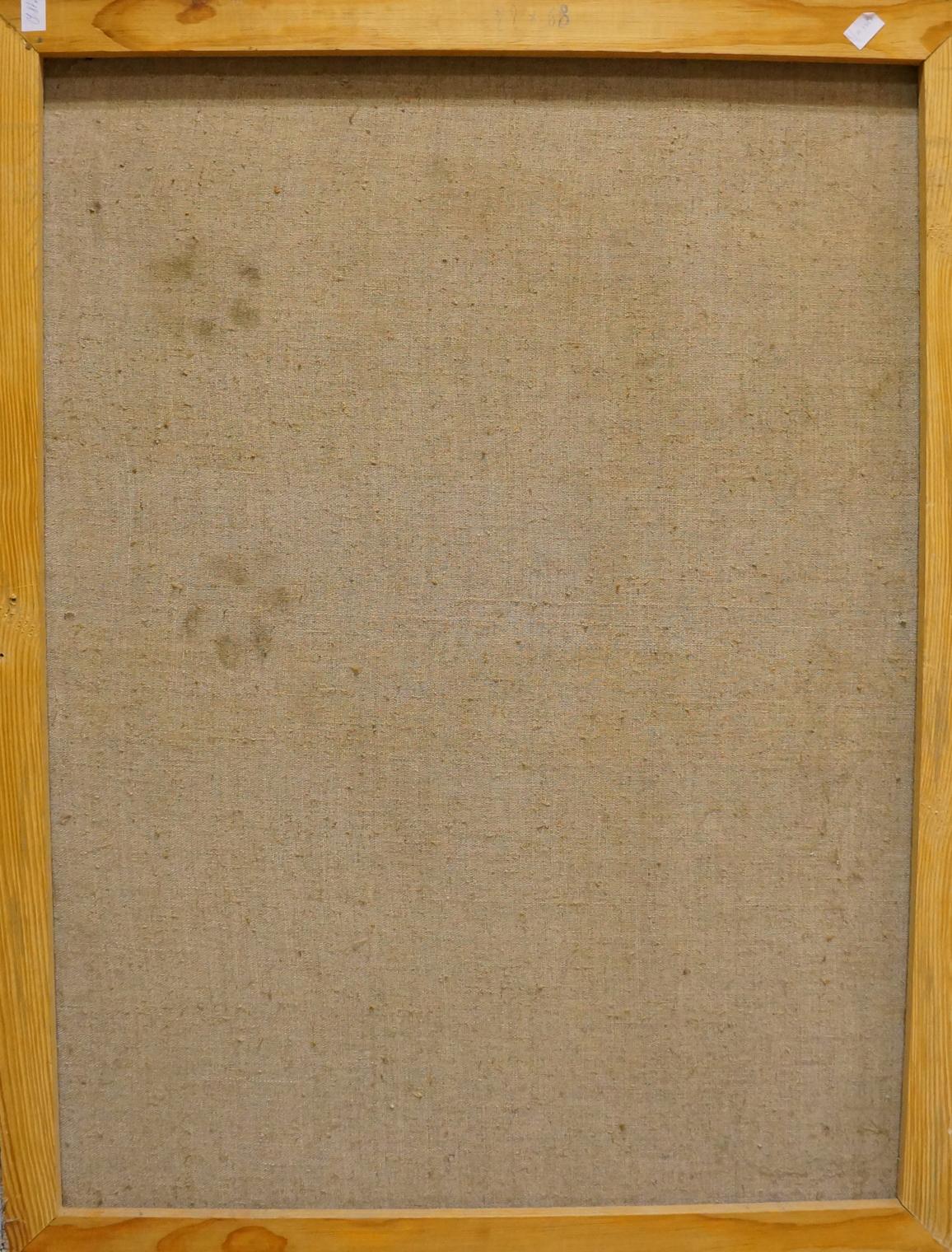 Back of Oil painting Flowers O. Bran in light brown wooden frame with beige canvas