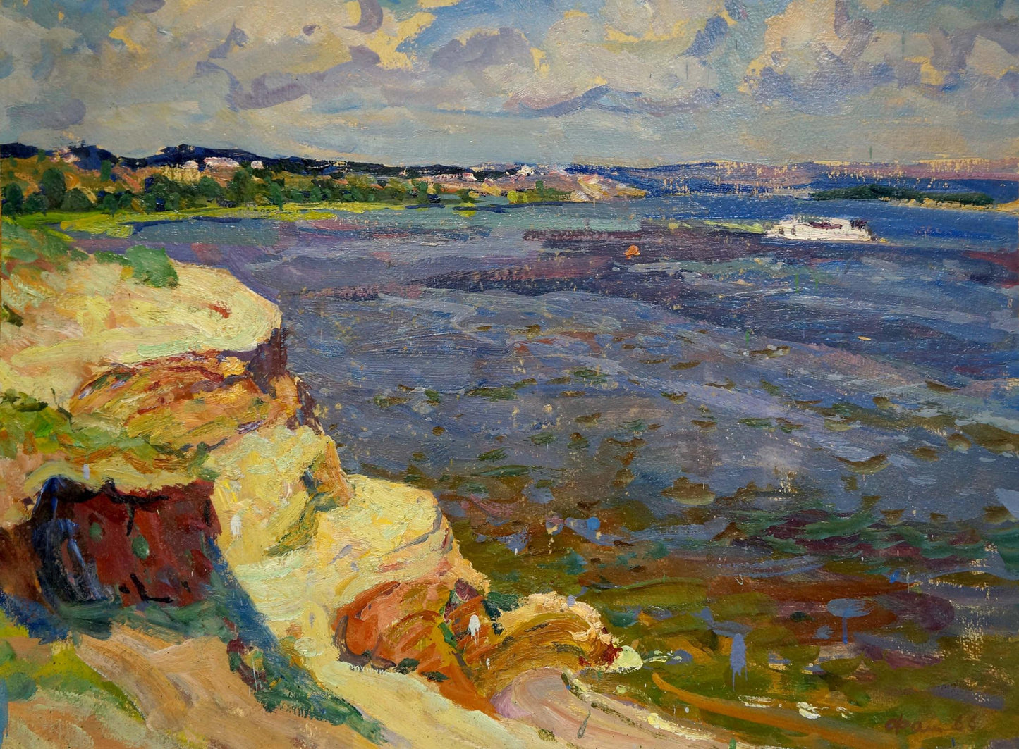Vibrant impressionist oil painting by Fomin Anatoly Nikiforovich: coastal cliffs and sea
