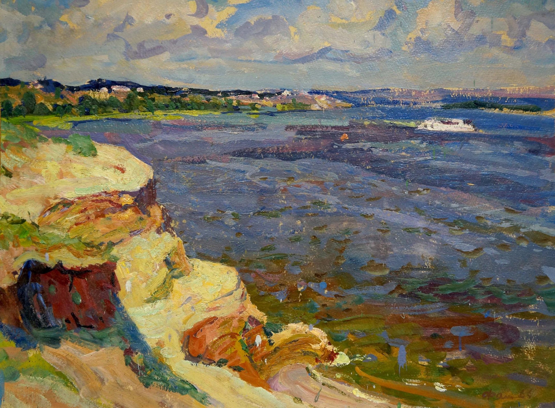 Vibrant impressionist oil painting by Fomin Anatoly Nikiforovich: coastal cliffs and sea