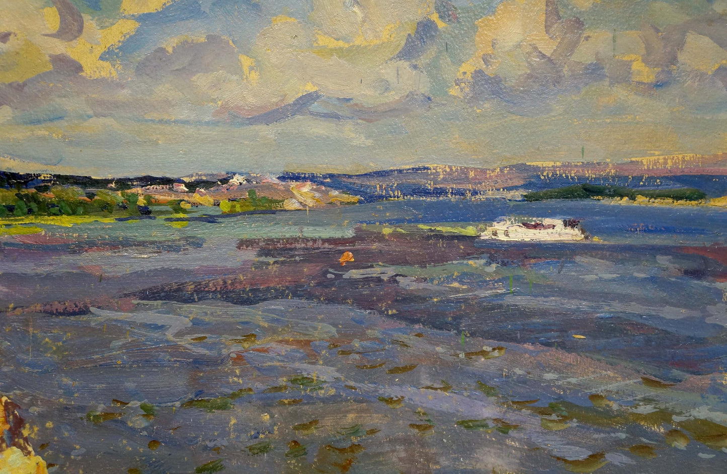 Oil painting Dnieper by Fomin Anatoly Nikiforovich: white boat on textured waterway under yellow-gray sky
