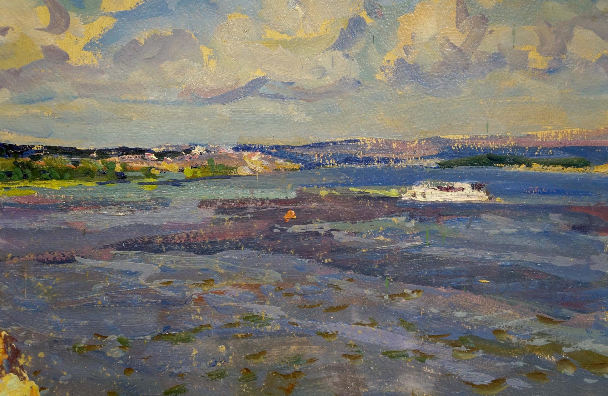 Oil painting Dnieper by Fomin Anatoly Nikiforovich: white boat on textured waterway under yellow-gray sky