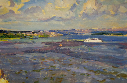 Oil painting Dnieper by Fomin Anatoly Nikiforovich: white boat on textured waterway under yellow-gray sky
