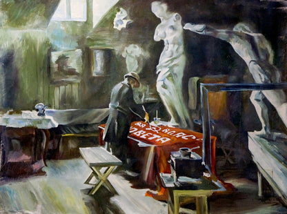 Red cloth with white Oil Painting The First Slogan by Titarenko Maria Anatolyevna on studio table