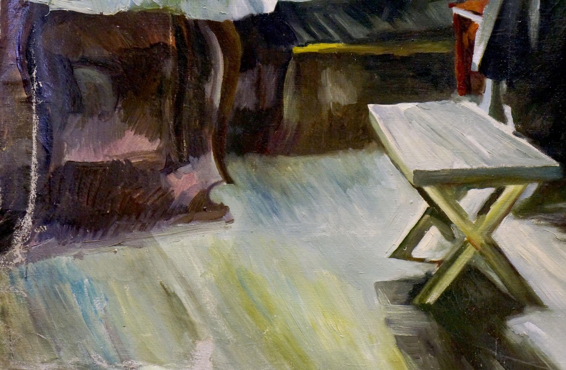 White wooden folding stool with X-base in Titarenko Maria Anatolyevna oil painting