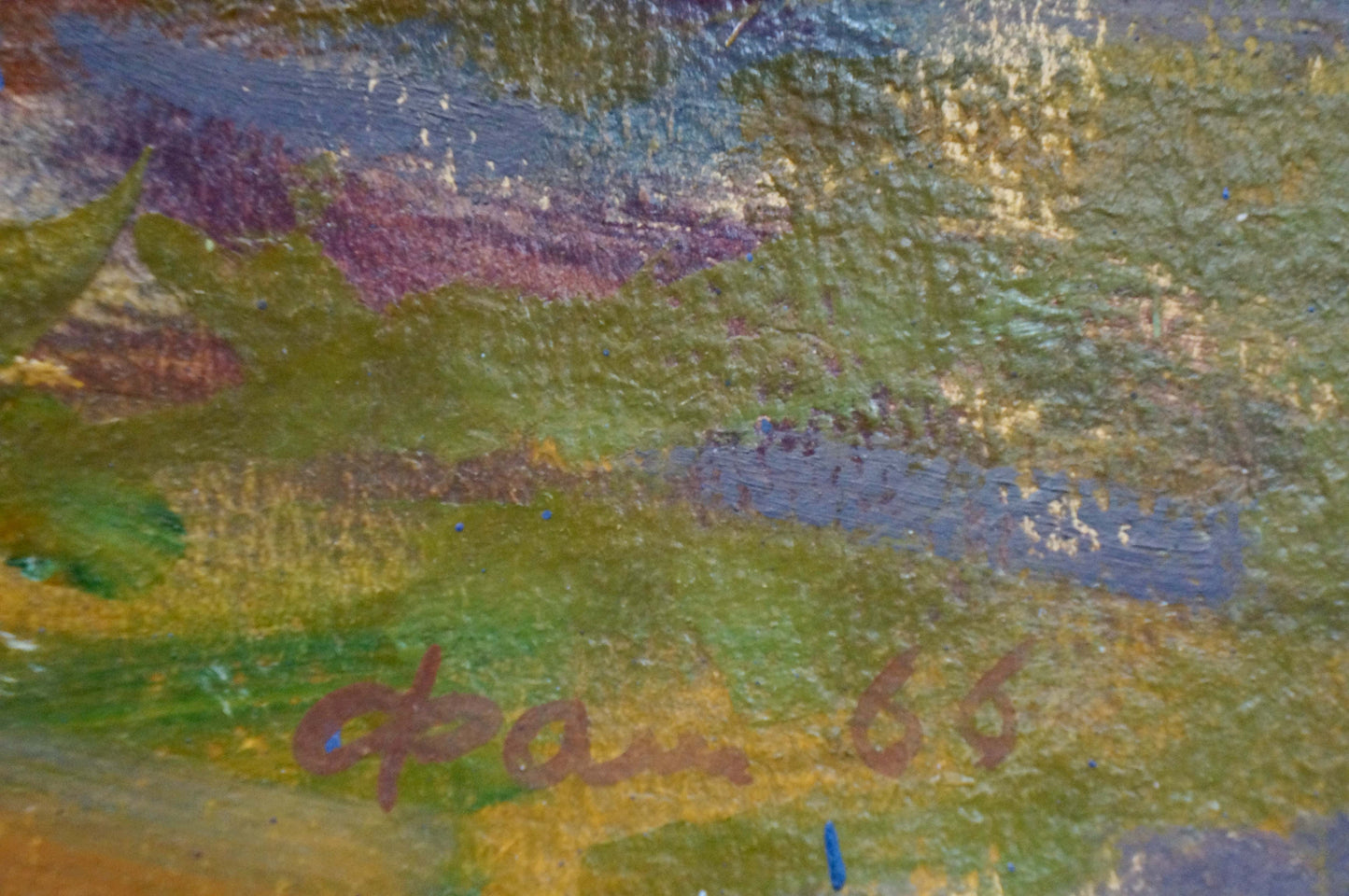 A textured canvas painting featuring broad strokes of green, purple, and blue paint with a signature in brown ink reading ’фам.