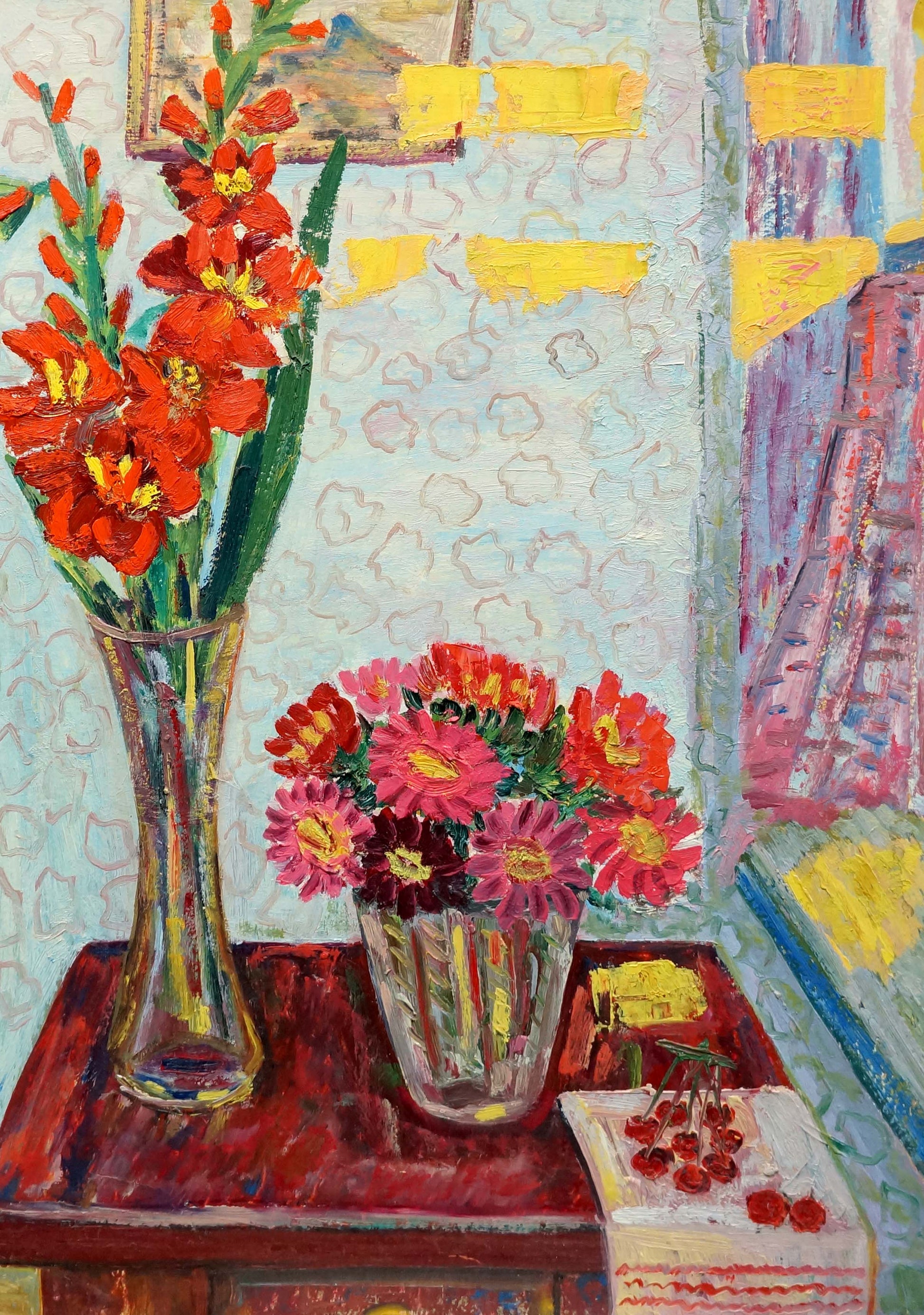 Oil painting Gladiolus Les Tamara: red gladiolus bouquet in tall vase