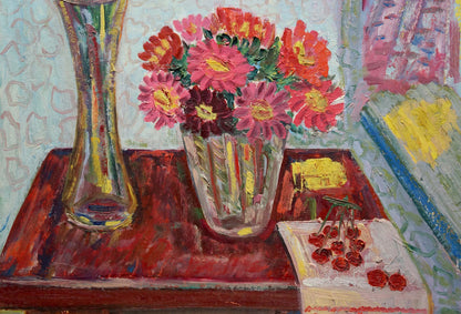 Oil painting of vibrant pink orange Gladiolus Les Tamara daisies in glass vase