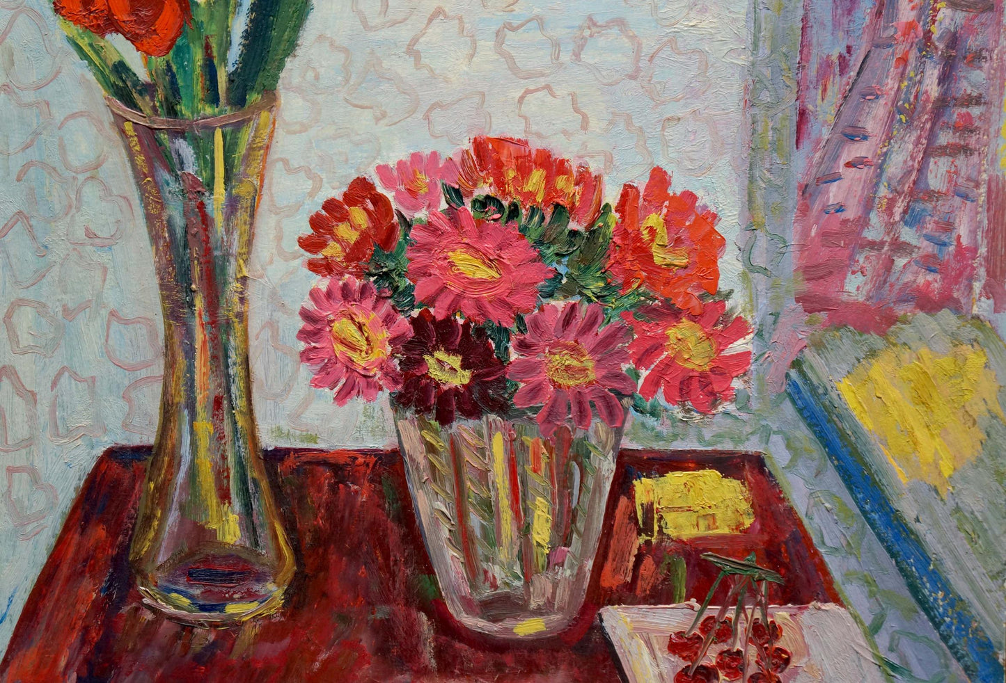 Oil painting Gladiolus Les Tamara: vibrant pink orange daisies in striped vase