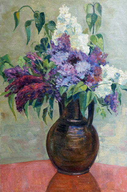 Oil painting of purple white lilacs in brown ceramic jug by room unknown artist