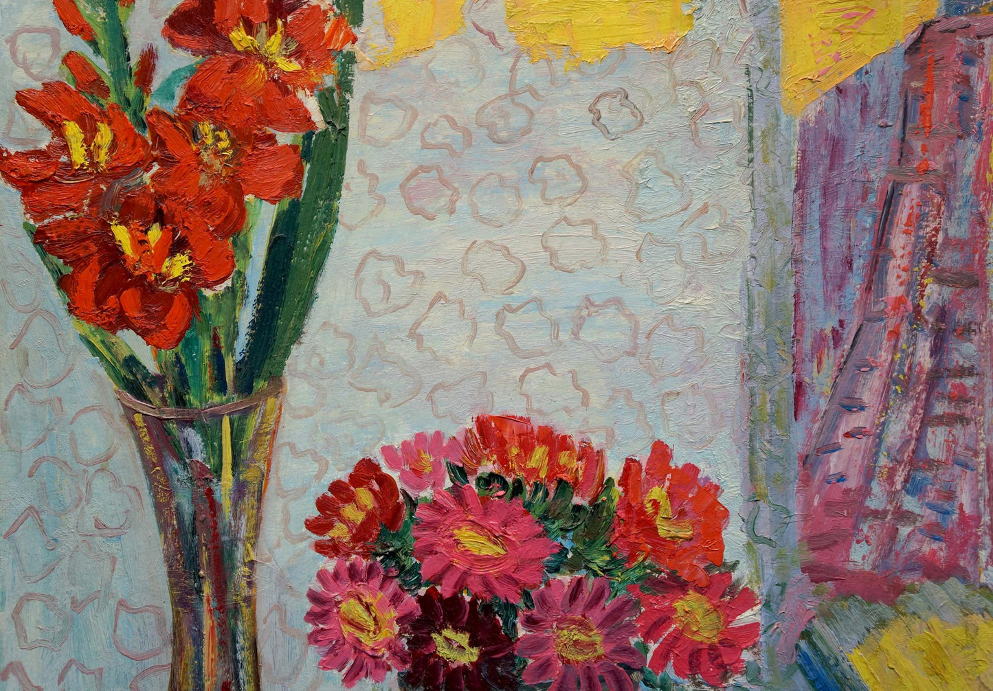 Oil painting Gladiolus Les Tamara with vibrant red pink flowers yellow centers