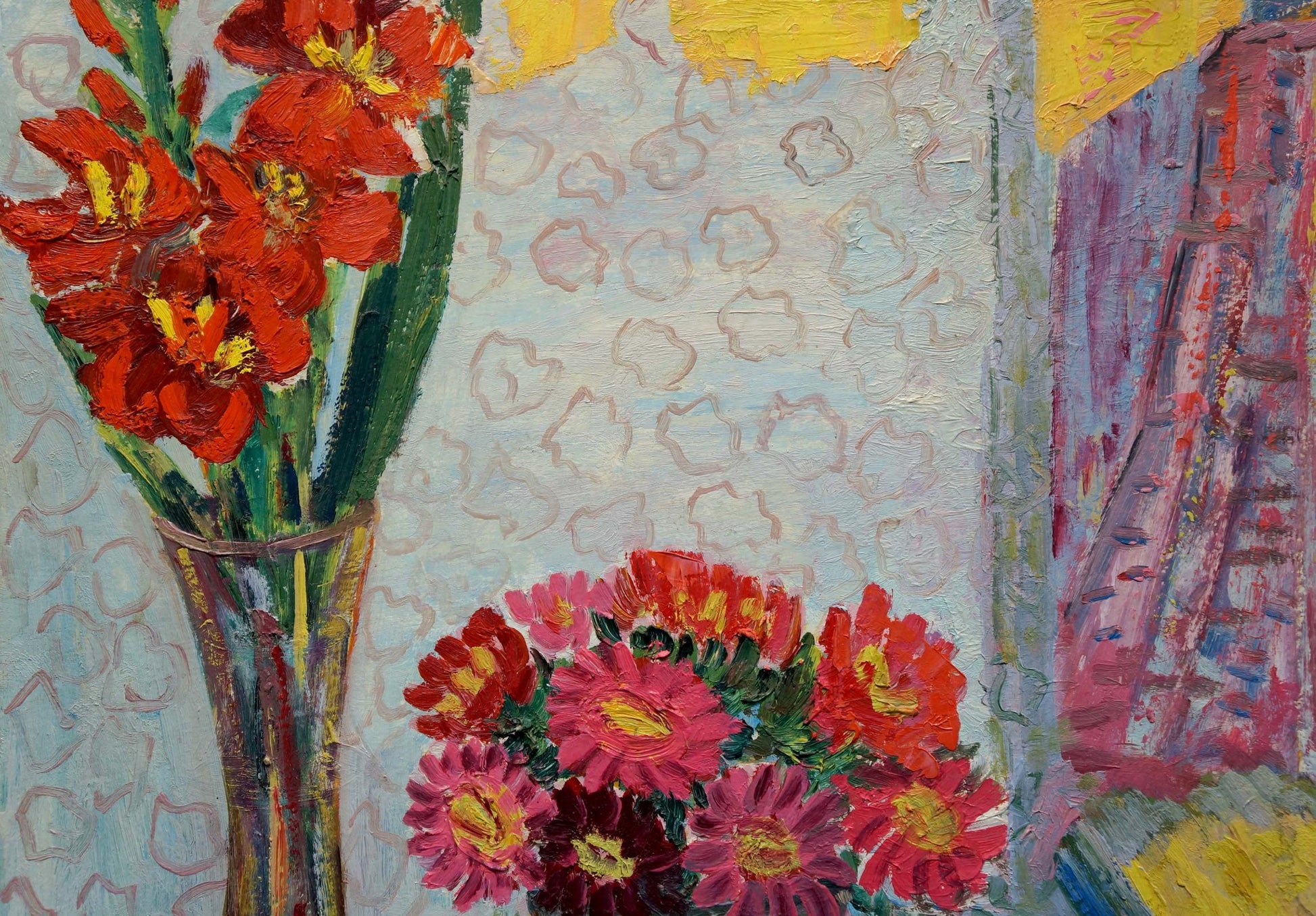 Oil painting Gladiolus Les Tamara with vibrant red pink flowers yellow centers