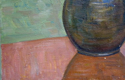 Dark glossy ceramic vase on terracotta in Lilac in the room oil painting