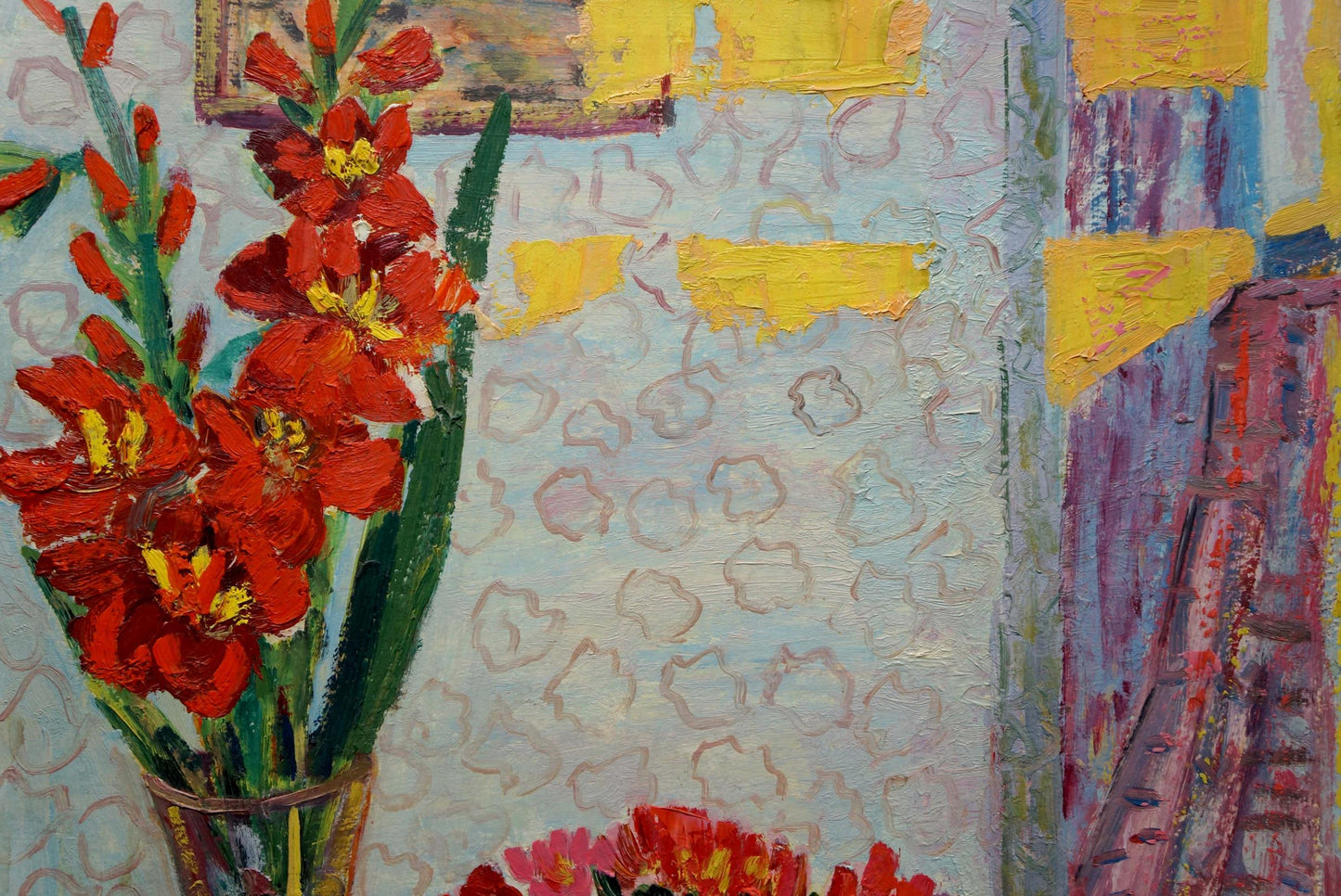 Oil painting Gladiolus Les Tamara: vibrant red flowers with yellow centers