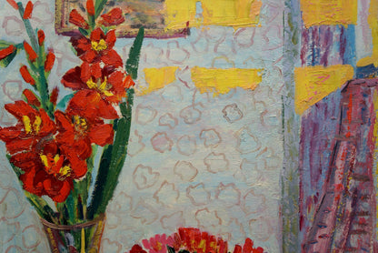 Oil painting Gladiolus Les Tamara: vibrant red flowers with yellow centers