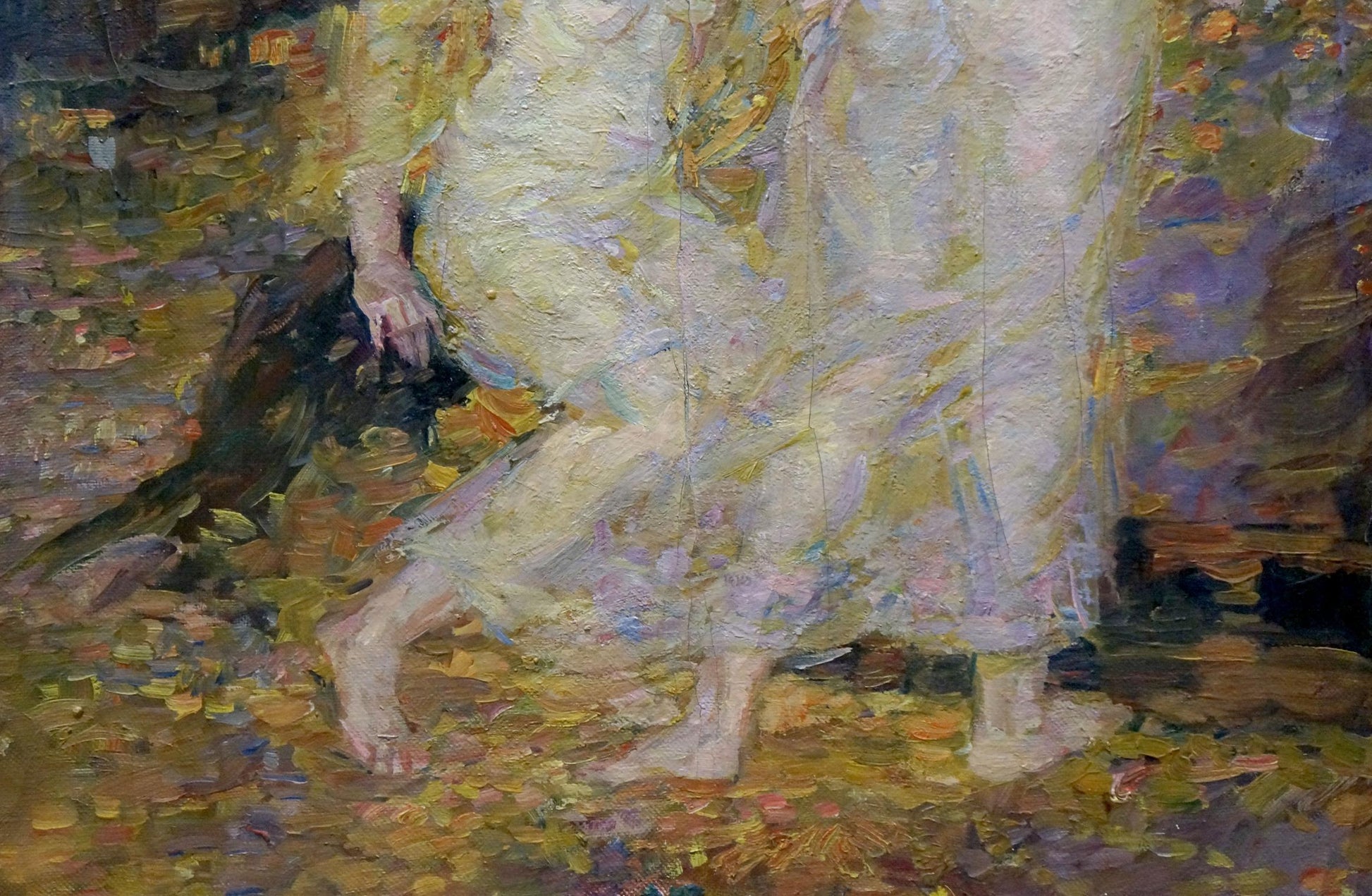 Oil painting of girl in forest by Odarka Tytarenko, woman in white dress