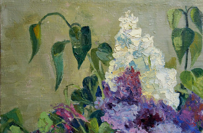 Oil painting Lilac in the Room: white purple lilacs green leaves olive background