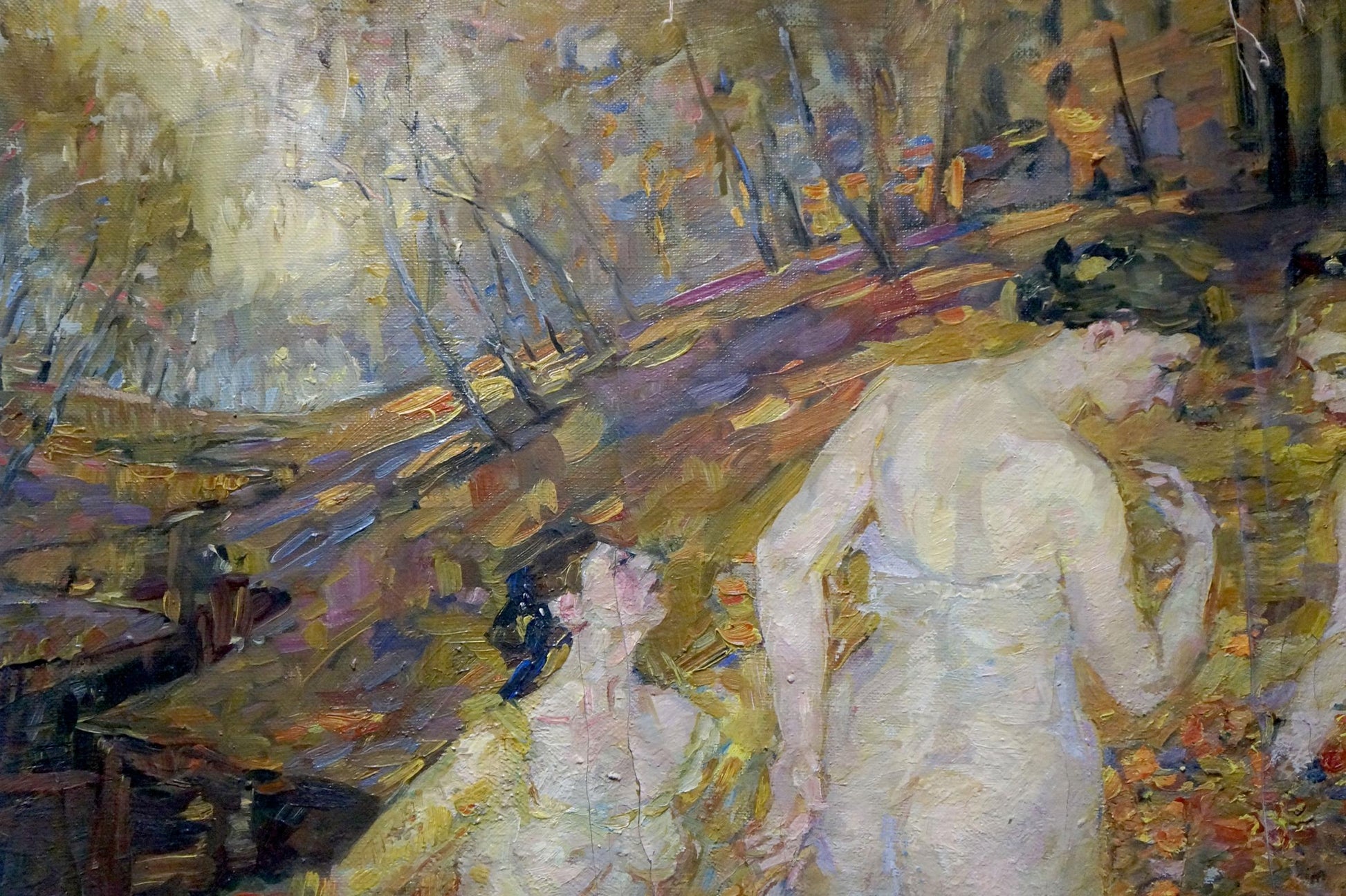 Oil painting Girls in the forest by Odarka Tytarenko, nude figures in autumn woods