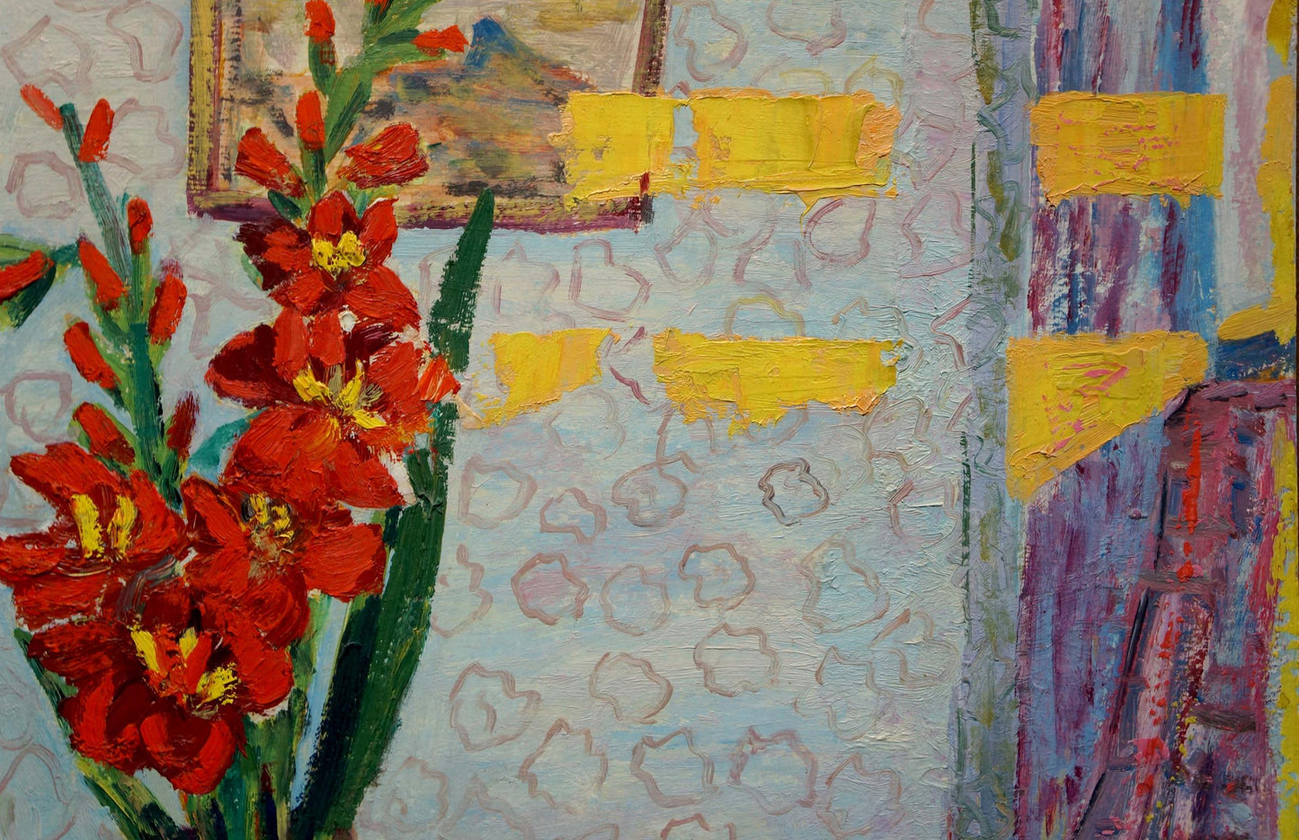 Vibrant red gladiolus with yellow centers in Les Tamara oil painting