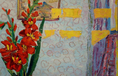 Vibrant red gladiolus with yellow centers in Les Tamara oil painting