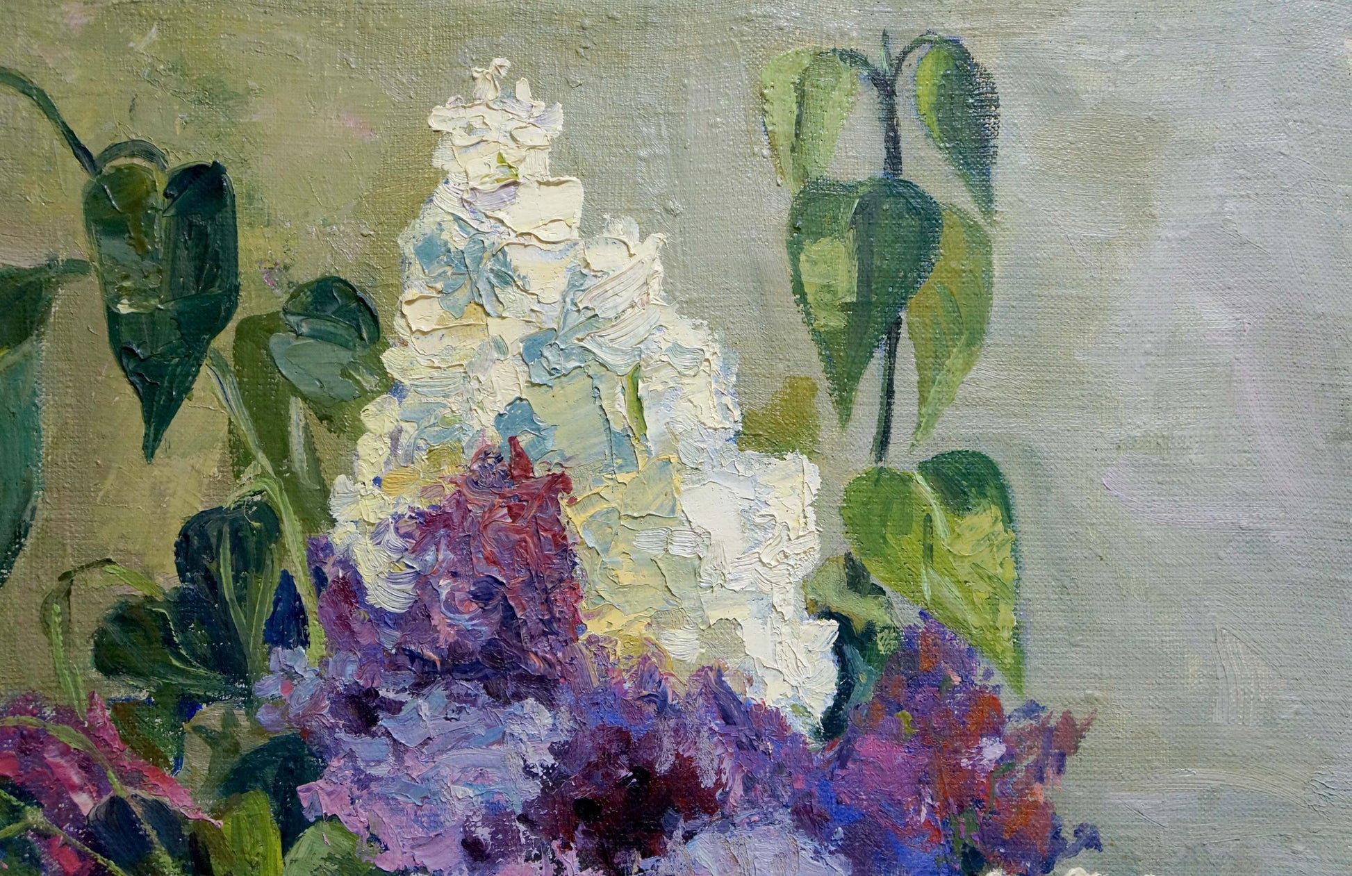 Oil painting Lilac in the Room with vibrant white purple pink blossoms impasto