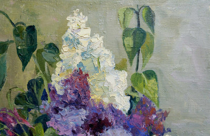 Oil painting Lilac in the Room with vibrant white purple pink blossoms impasto