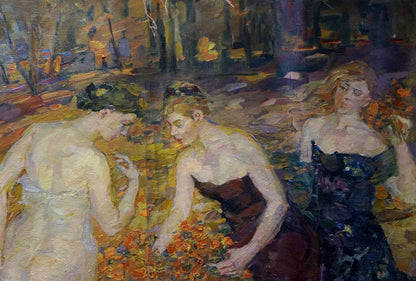 Oil painting Girls in the forest by Odarka Tytarenko, vibrant autumn scene
