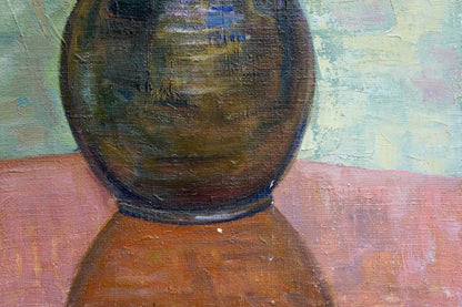 Dark glossy ceramic vase with rounded body and narrow neck in Lilac in the room oil painting display