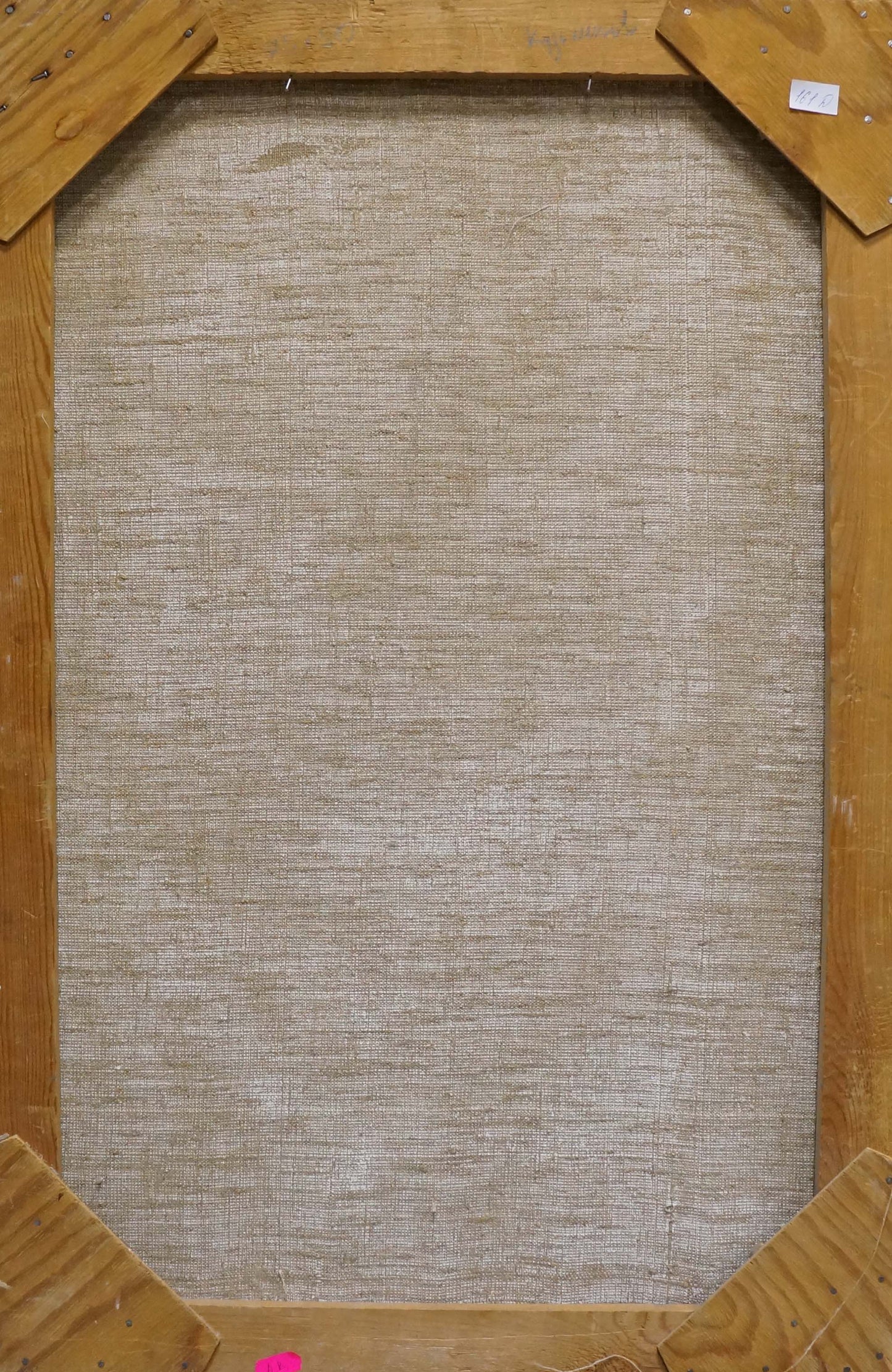 Back of beige linen canvas oil painting Lilac in the room in wooden frame