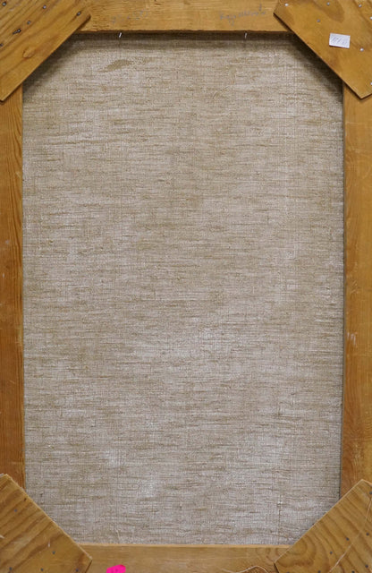 Back of beige linen canvas oil painting Lilac in the room in wooden frame