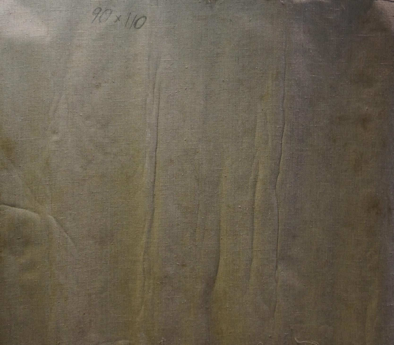 Back of weathered olive-green canvas for Odarka Tytarenko oil painting Girls in the forest