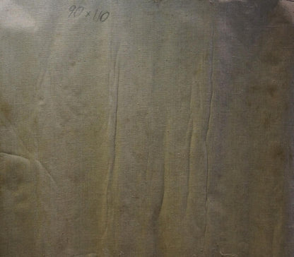 Back of weathered olive-green canvas for Odarka Tytarenko oil painting Girls in the forest
